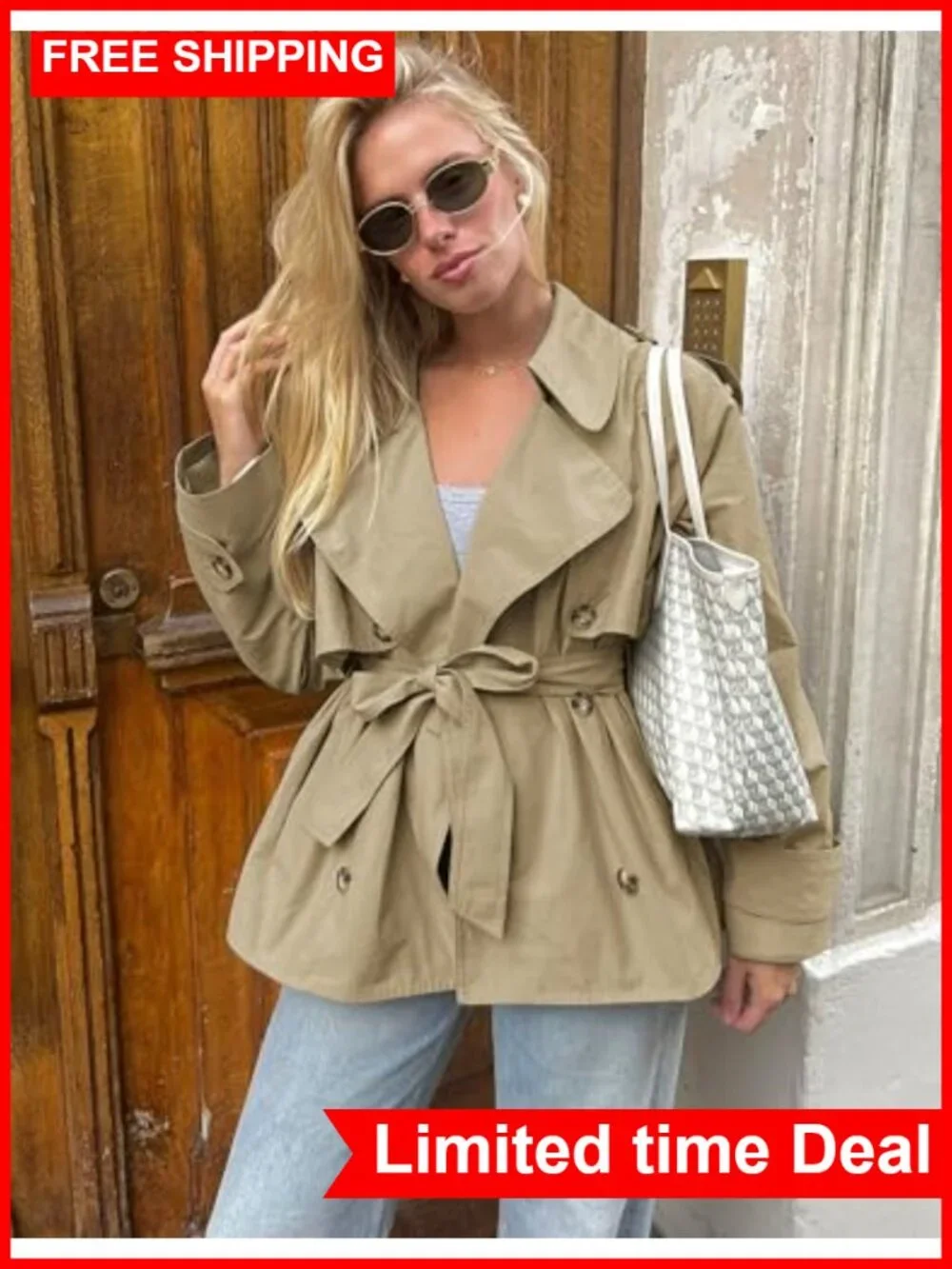 Cropped Trench Coat 100% Cotton Double Breasted Belt Women